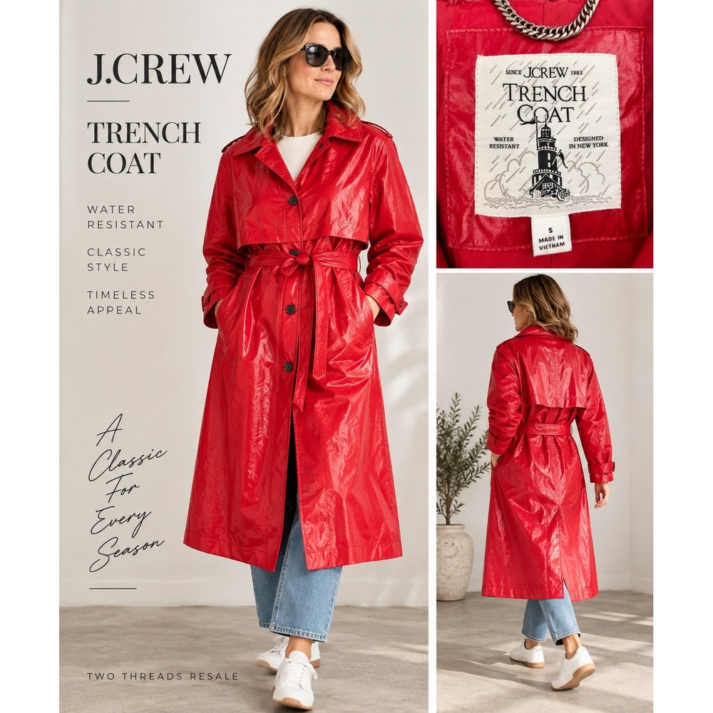 J.Crew Red Water Resistant Glossy Trench Coat Belted Rain Jacket Size S
